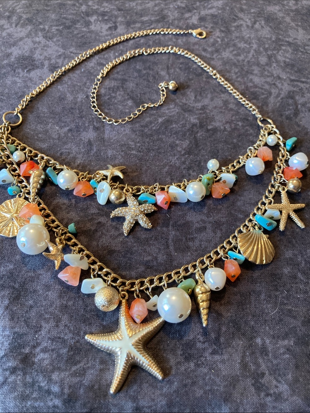 Golden Beach Charm Statement Necklace Inspired with Ocean Accents
